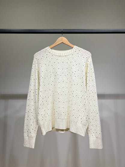 Pull Col Rond Bords-Côtes à Motif Pois Strass Argenté