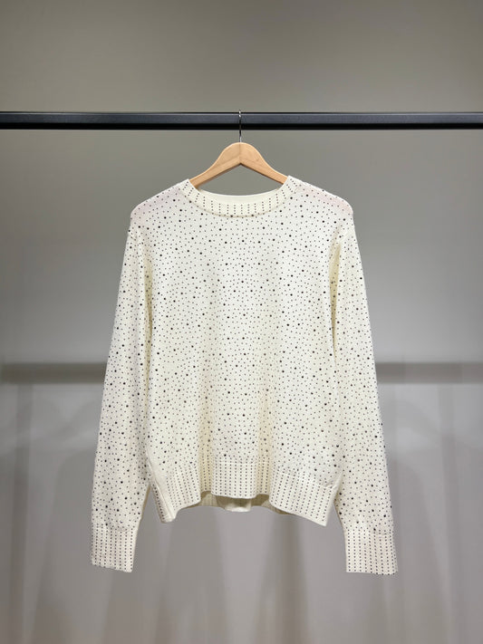 Pull Col Rond Bords-Côtes à Motif Pois Strass Argenté