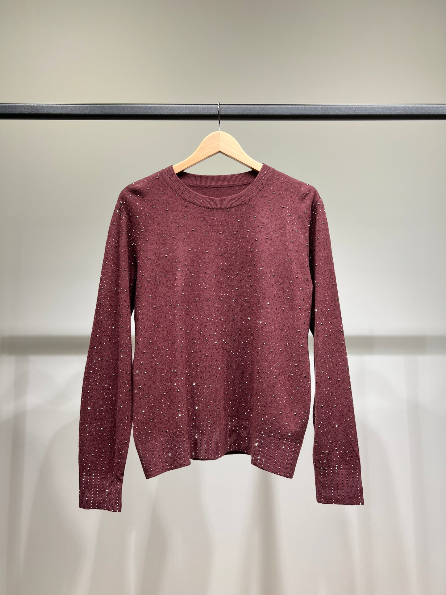 Pull Col Rond Bords-Côtes à Motif Pois Strass Argenté