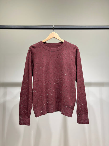 Pull Col Rond Bords-Côtes à Motif Pois Strass Argenté