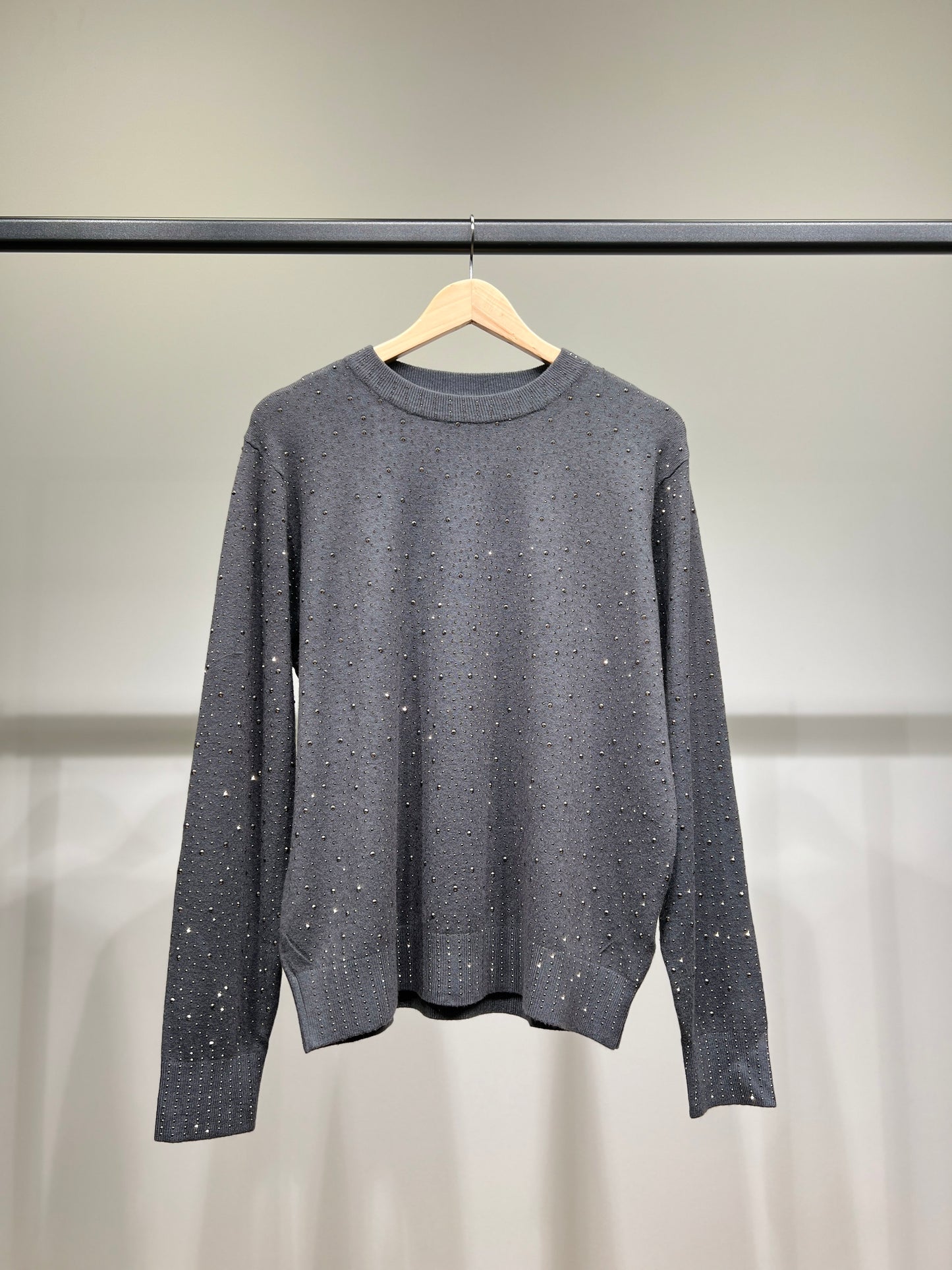 Pull Col Rond Bords-Côtes à Motif Pois Strass Argenté