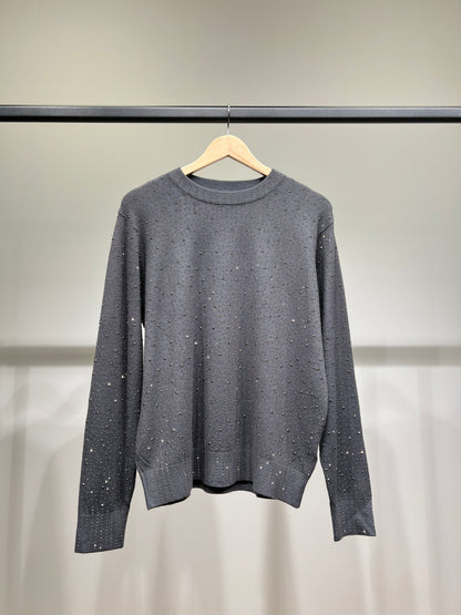 Pull Col Rond Bords-Côtes à Motif Pois Strass Argenté