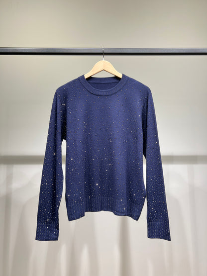 Pull Col Rond Bords-Côtes à Motif Pois Strass Argenté