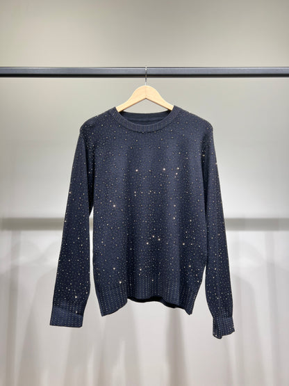 Pull Col Rond Bords-Côtes à Motif Pois Strass Argenté