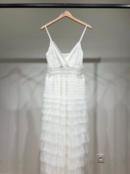 Robe Maxi Cache-Cœur à Dentelle et Volants Étages 35% Coton