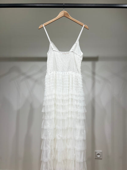 Robe Maxi Cache-Cœur à Dentelle et Volants Étages 35% Coton