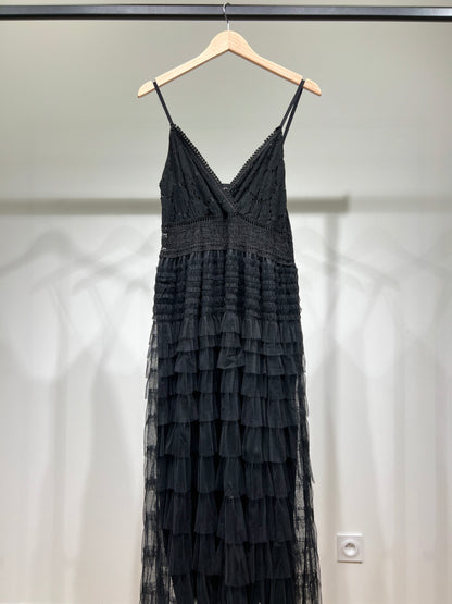 Robe Maxi Cache-Cœur à Dentelle et Volants Étages 35% Coton