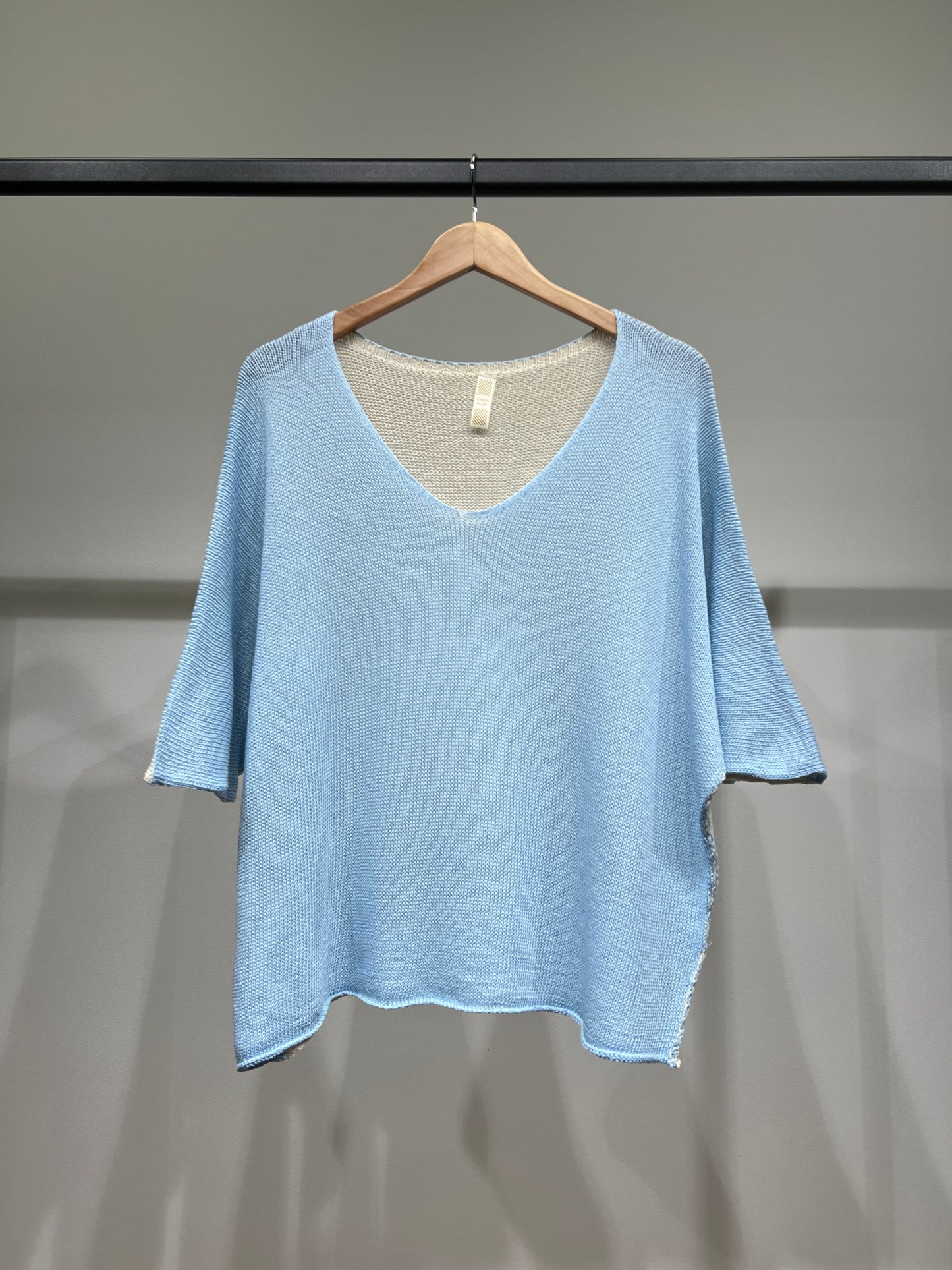 Pull Maille Large Col V Manche 3/4 Bicolore 50% Coton