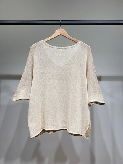 Pull Maille Large Col V Manche 3/4 Bicolore 50% Coton