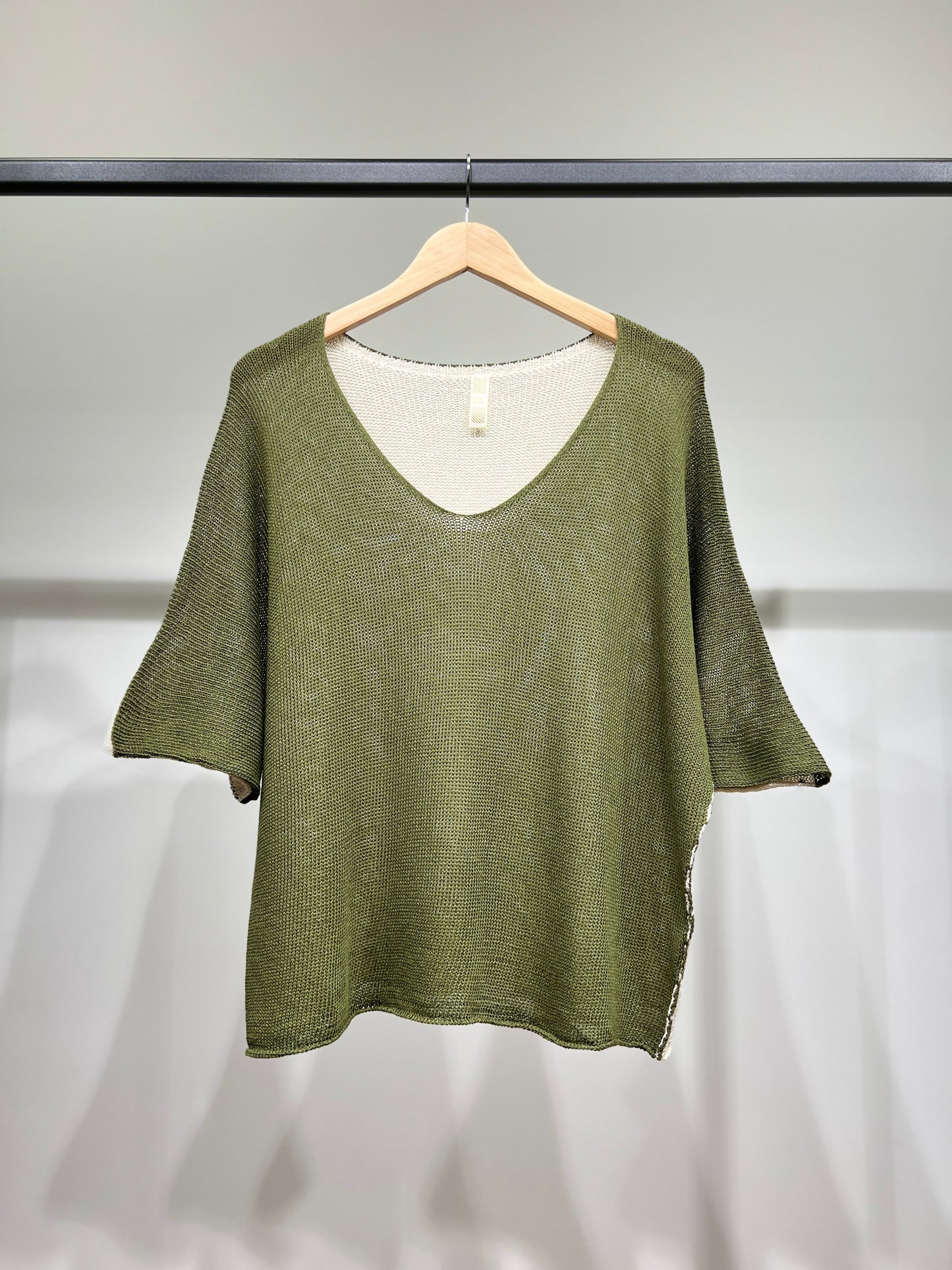 Pull Maille Large Col V Manche 3/4 Bicolore 50% Coton