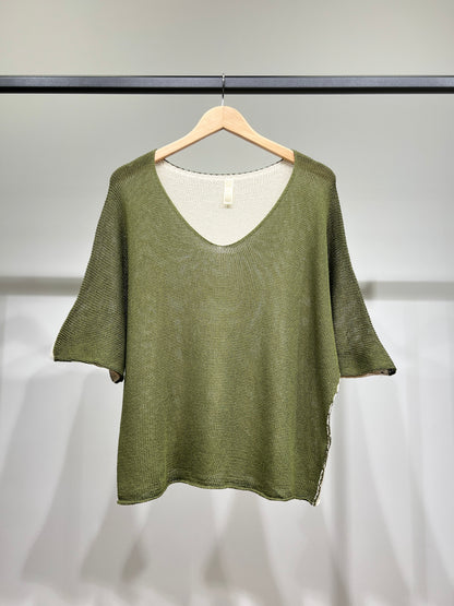 Pull Maille Large Col V Manche 3/4 Bicolore 50% Coton