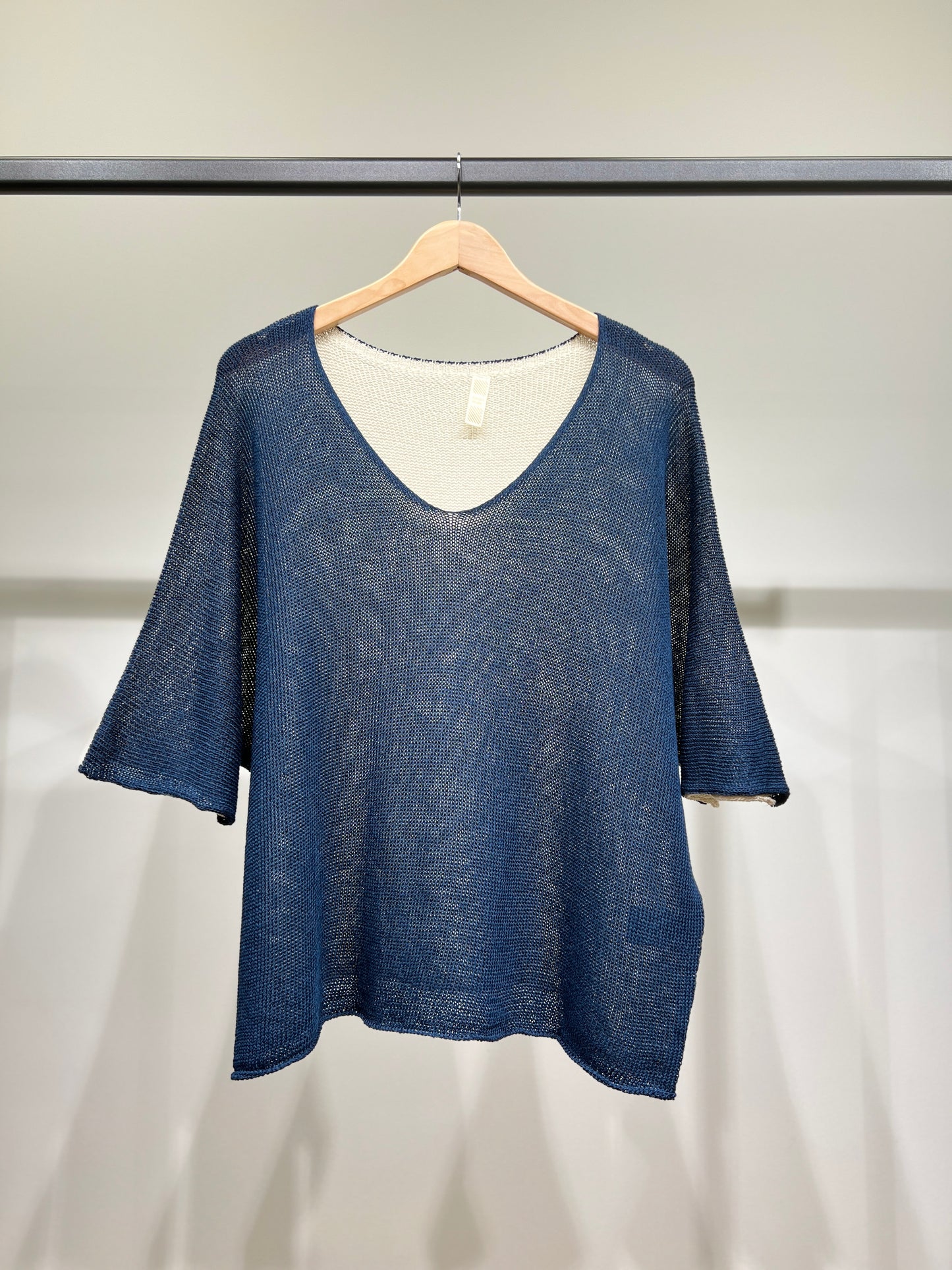 Pull Maille Large Col V Manche 3/4 Bicolore 50% Coton