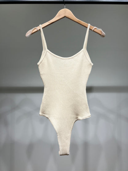 Body Côtelé Bretelles Fines Coupe Échancrée En Viscose Nylon