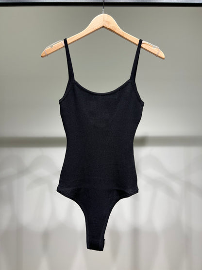 Body Côtelé Bretelles Fines Coupe Échancrée En Viscose Nylon