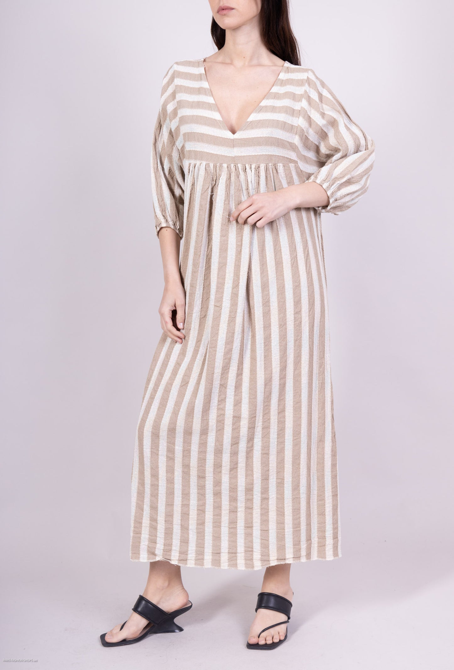 Robe Midi Rayures Fil Brillant Manches 3/4 Coton