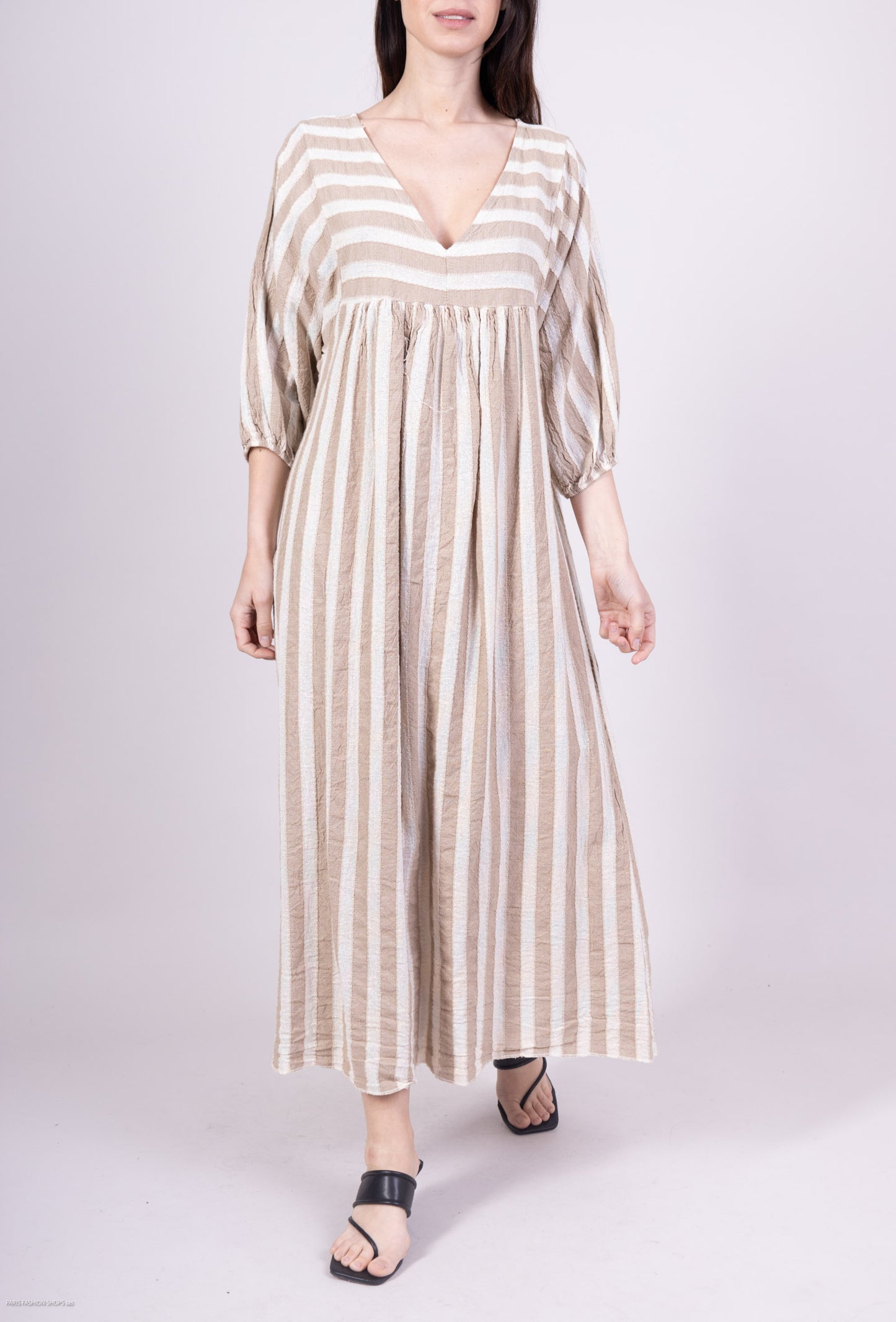 Robe Midi Rayures Fil Brillant Manches 3/4 Coton