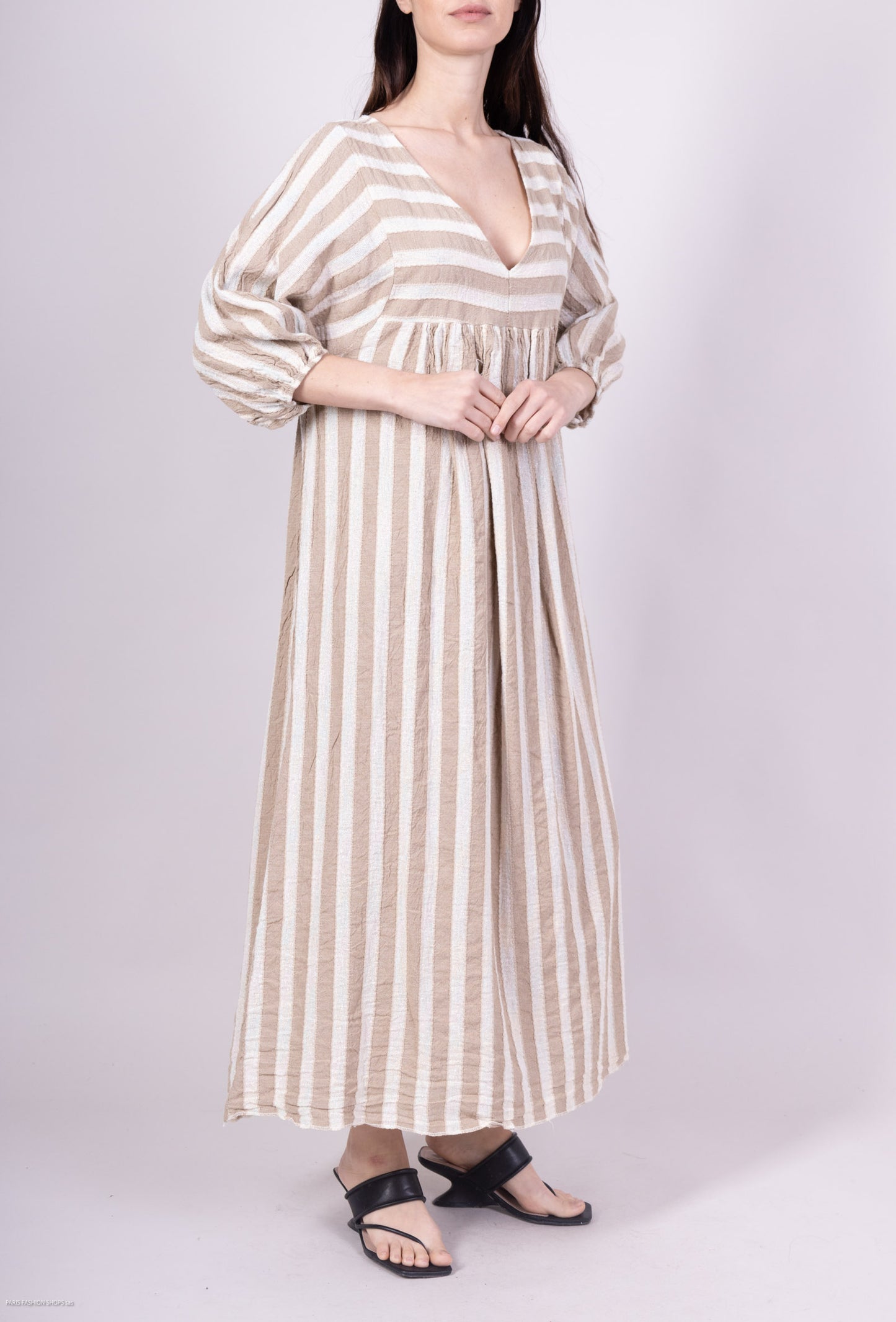 Robe Midi Rayures Fil Brillant Manches 3/4 Coton