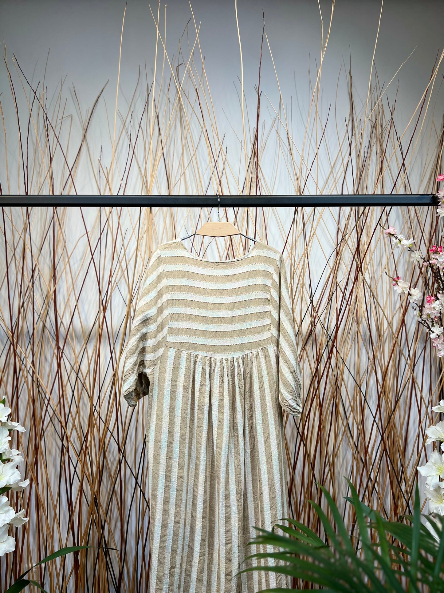 Robe Midi Rayures Fil Brillant Manches 3/4 Coton