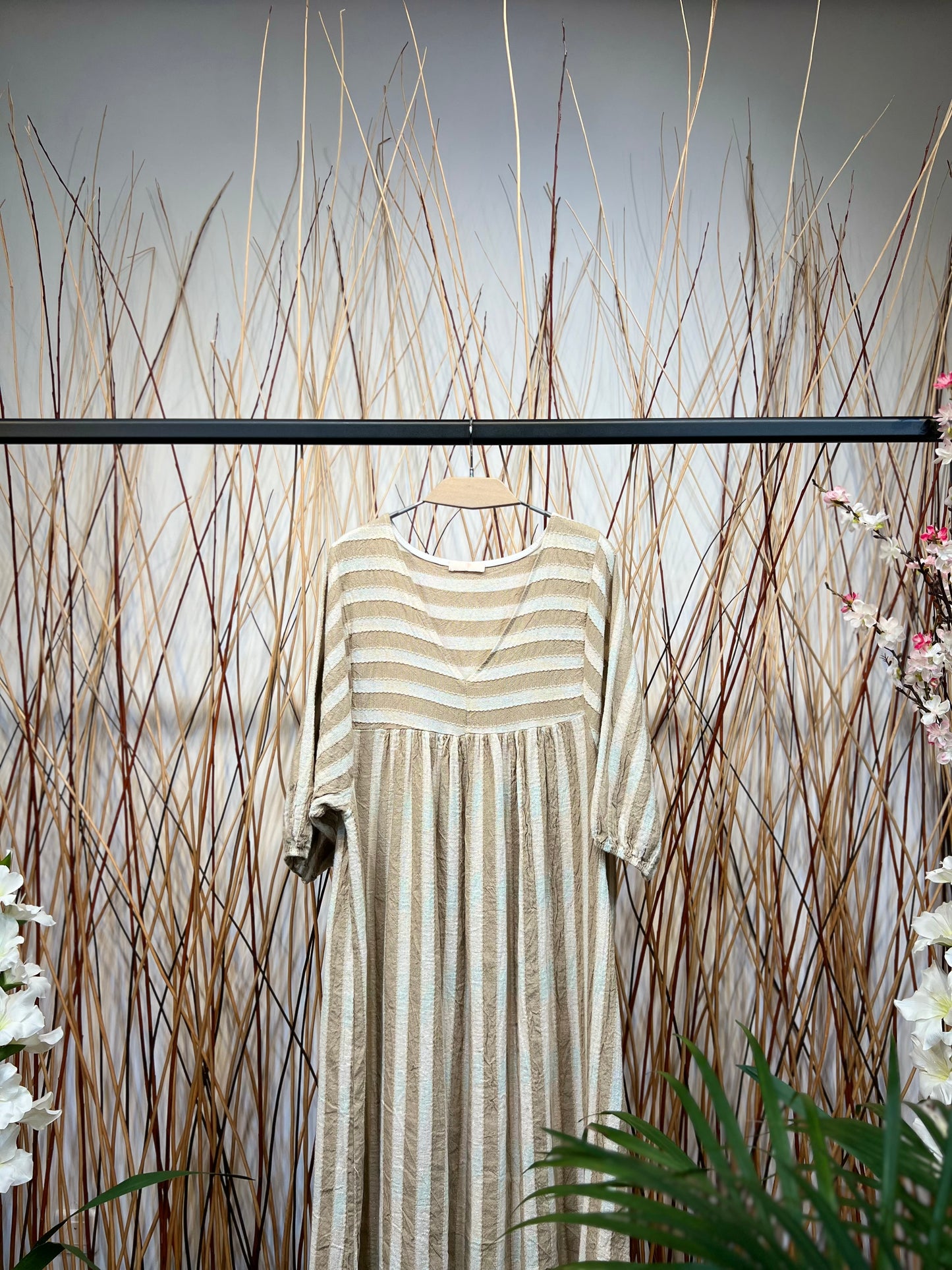 Robe Midi Rayures Fil Brillant Manches 3/4 Coton