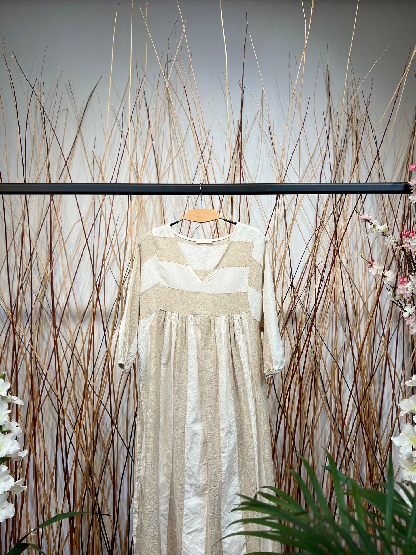 Robe Midi Rayures Fil Brillant Manches 3/4 Coton