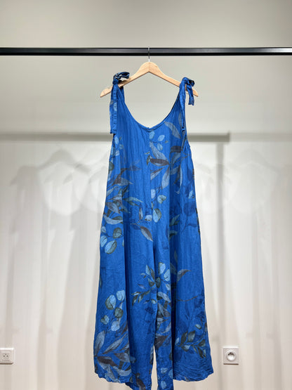 Combinaison Bretelles Nouées à Motif Fleuri 100% Lin