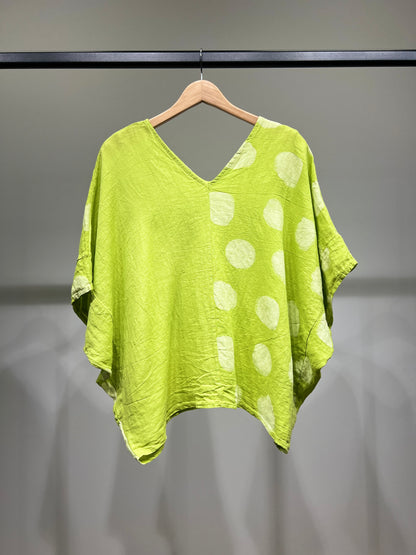 T-Shirt Manche Chauve Souris Col V à Pois 100% Lin