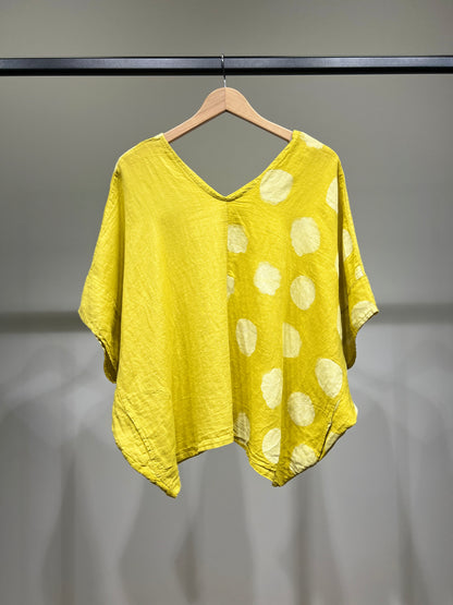 T-Shirt Manche Chauve Souris Col V à Pois 100% Lin