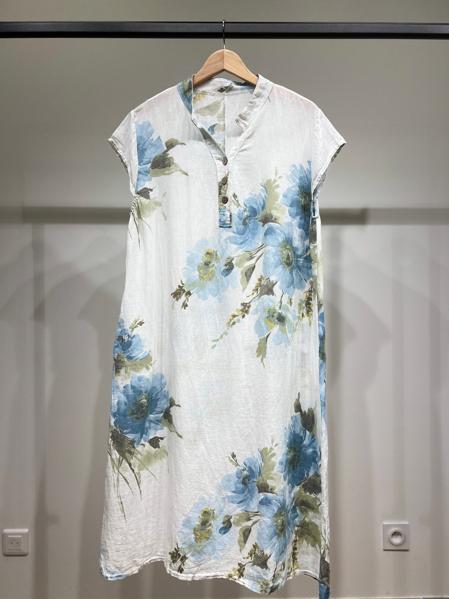 Tunique Manche Courte Motif Fleurie Col Tunisien 100% Lin