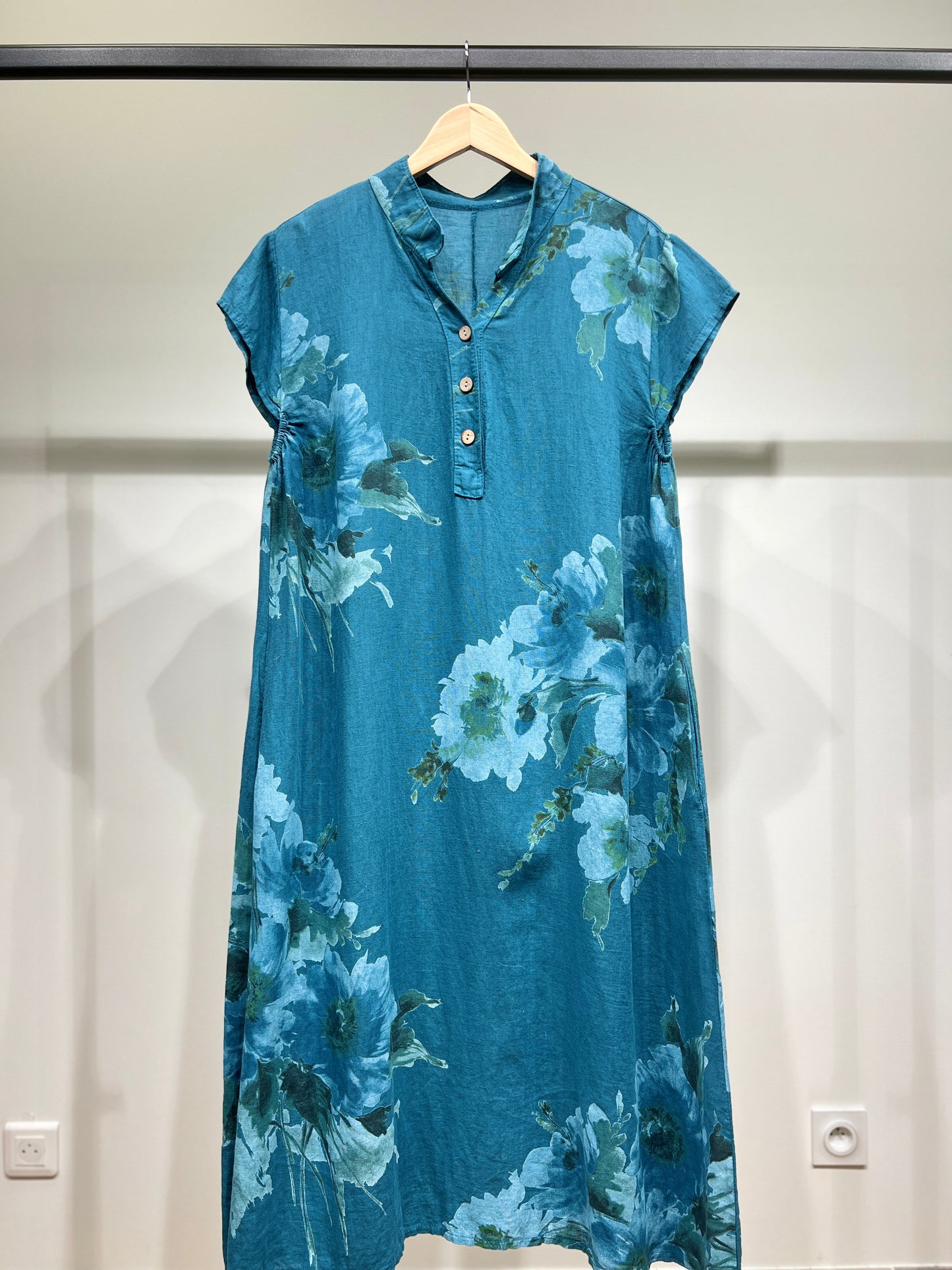 Tunique Manche Courte Motif Fleurie Col Tunisien 100% Lin