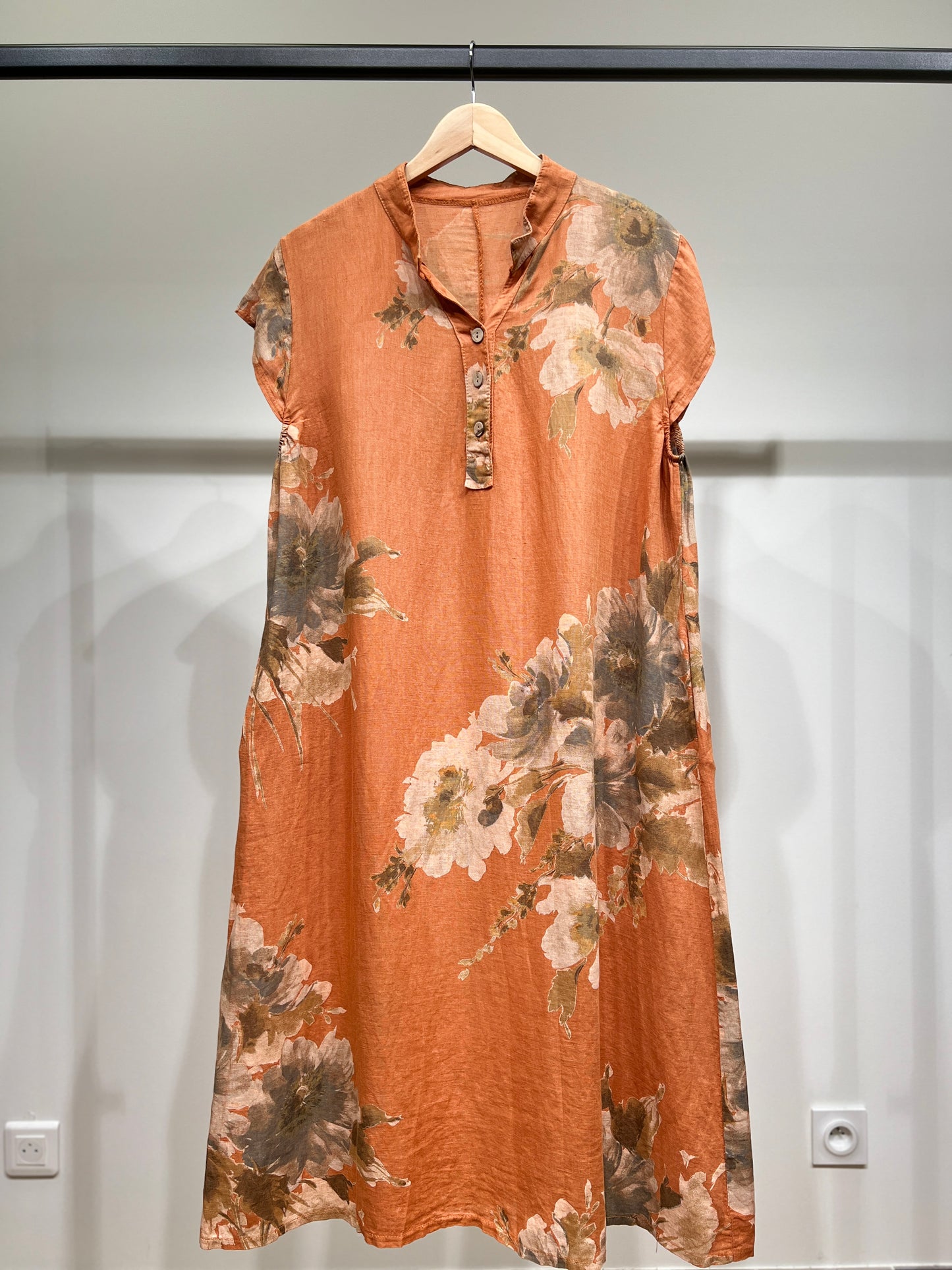 Tunique Manche Courte Motif Fleurie Col Tunisien 100% Lin