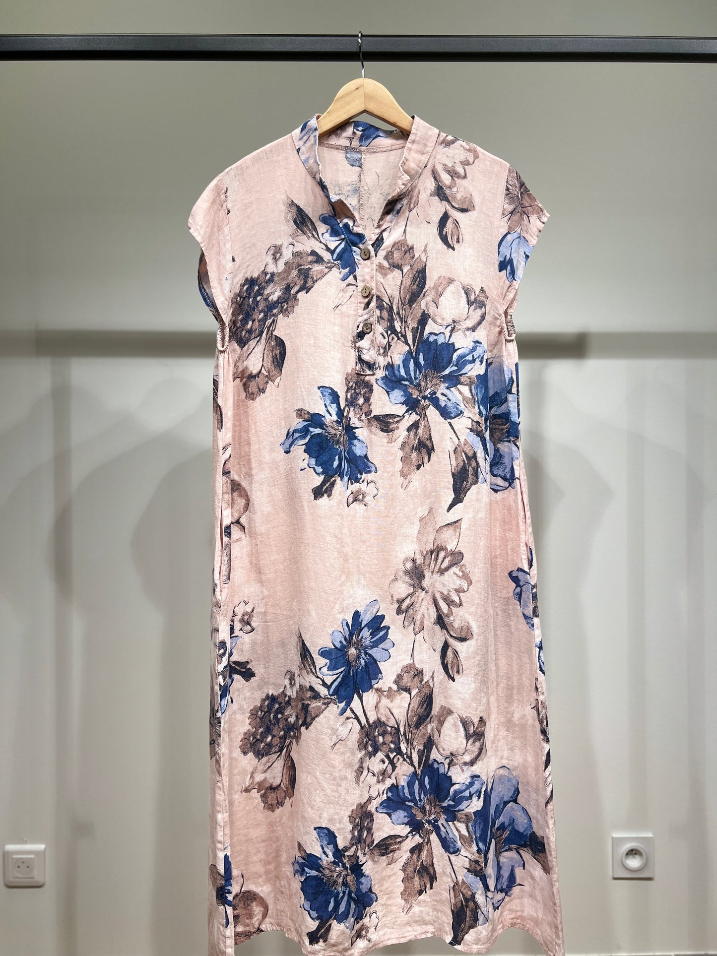 Tunique Manche Courte Motif Fleurie Col Tunisien 100% Lin