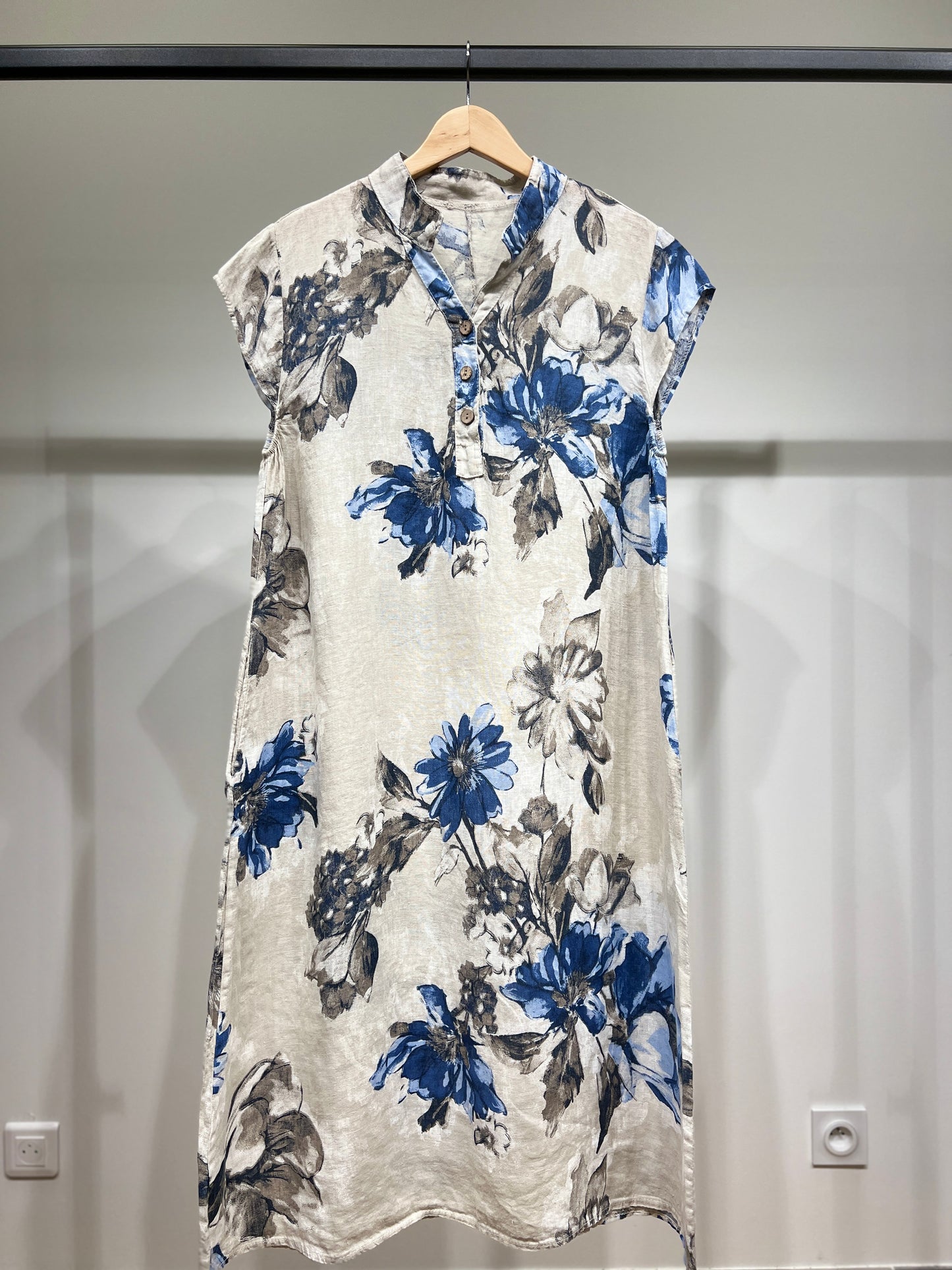 Tunique Manche Courte Motif Fleurie Col Tunisien 100% Lin