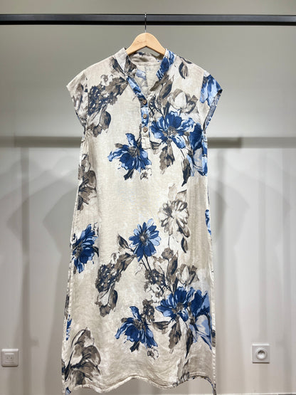 Tunique Manche Courte Motif Fleurie Col Tunisien 100% Lin