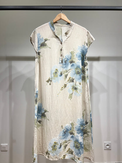 Tunique Manche Courte Motif Fleurie Col Tunisien 100% Lin