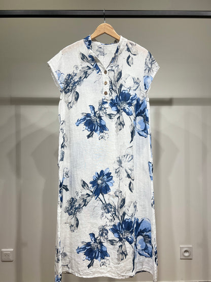 Tunique Manche Courte Motif Fleurie Col Tunisien 100% Lin