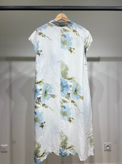 Tunique Manche Courte Motif Fleurie Col Tunisien 100% Lin