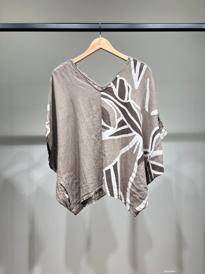 T-Shirt Manche Chauve Souris Col V à Motif Fleurs 100% Lin