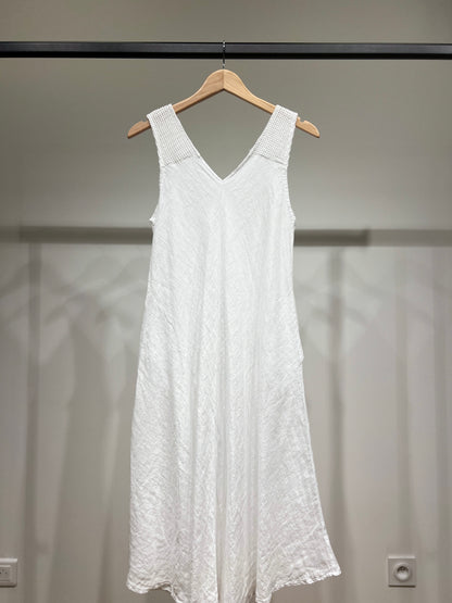 Robe Midi Col V Bretelles Piqués Larges à Poches 100% Lin