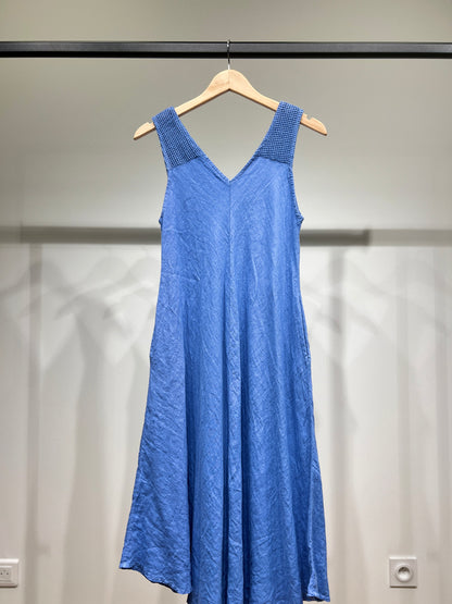 Robe Midi Col V Bretelles Piqués Larges à Poches 100% Lin