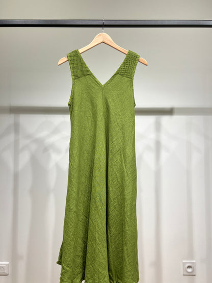 Robe Midi Col V Bretelles Piqués Larges à Poches 100% Lin