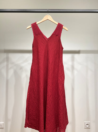 Robe Midi Col V Bretelles Piqués Larges à Poches 100% Lin