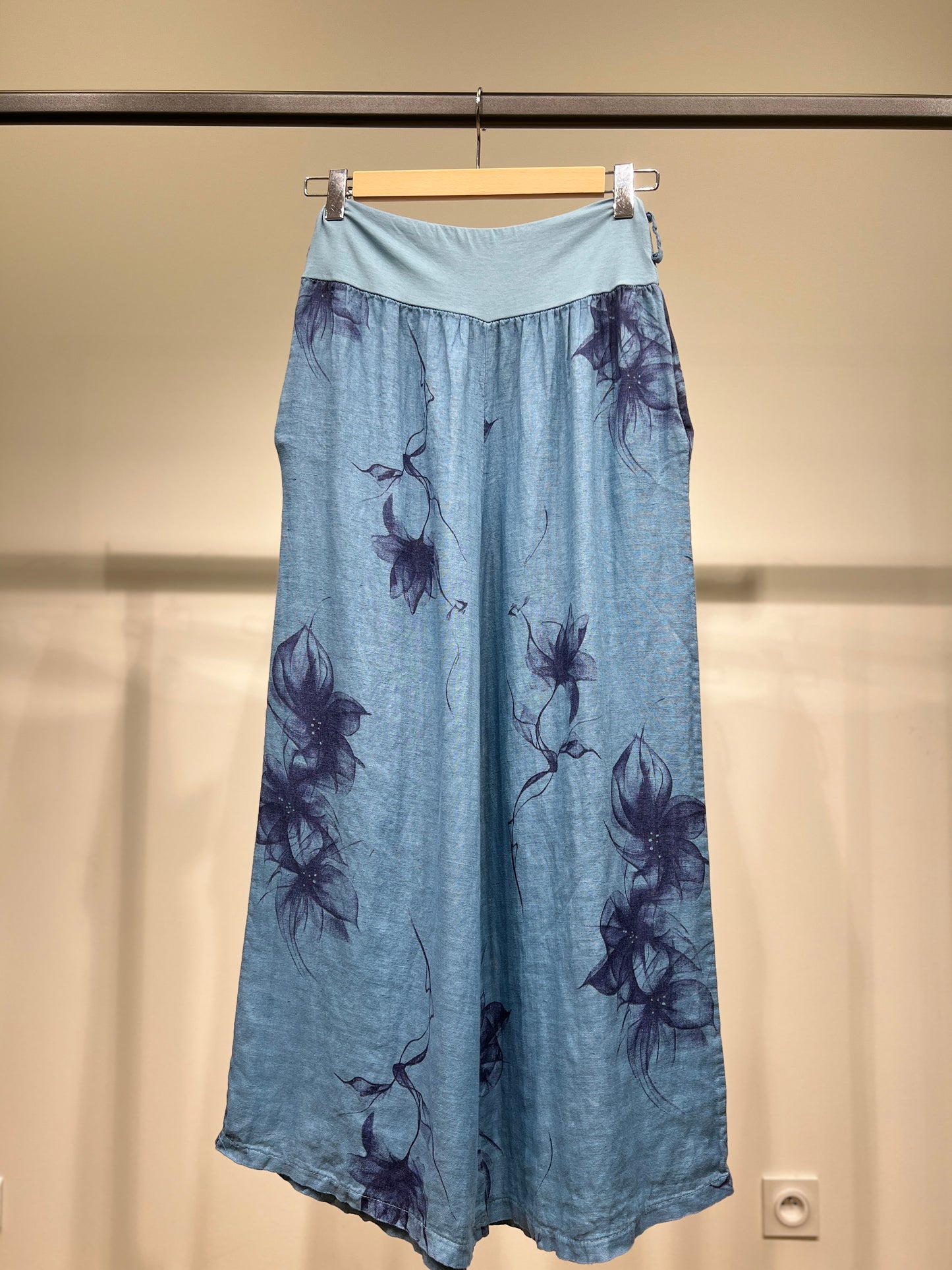 Pantalon Coupe Large Taille Élastique Motif Fleuri à Poches 100% Lin