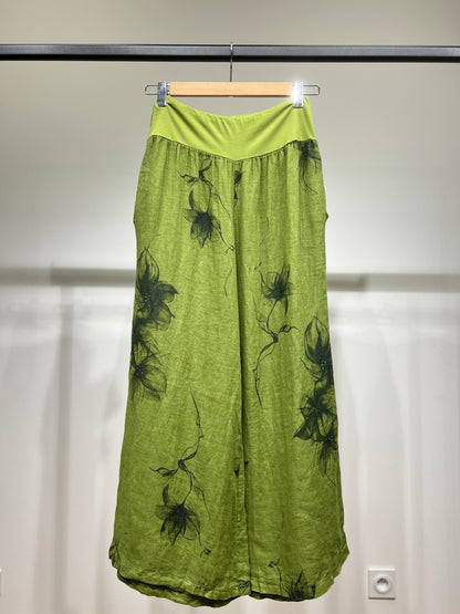 Pantalon Coupe Large Taille Élastique Motif Fleuri à Poches 100% Lin