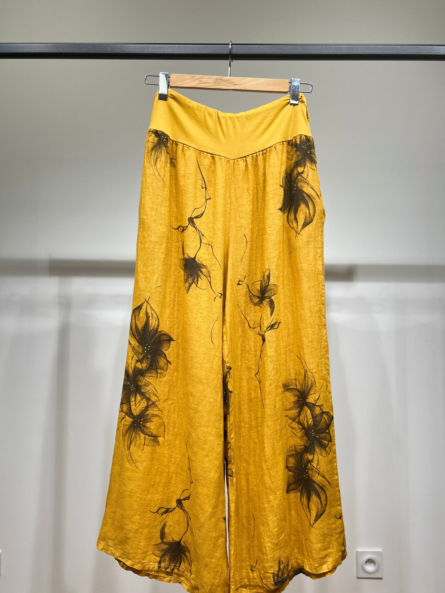 Pantalon Coupe Large Taille Élastique Motif Fleuri à Poches 100% Lin