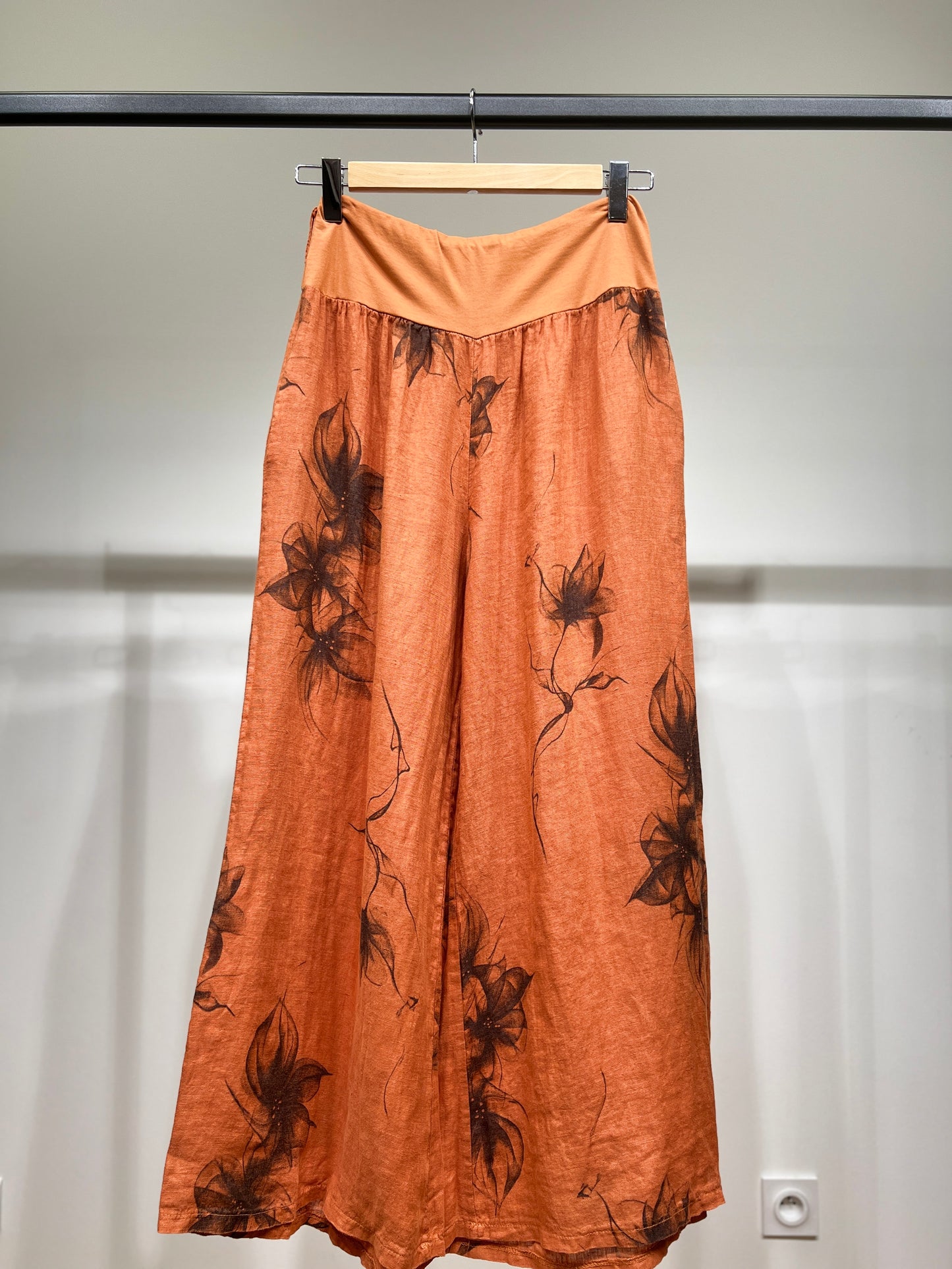 Pantalon Coupe Large Taille Élastique Motif Fleuri à Poches 100% Lin