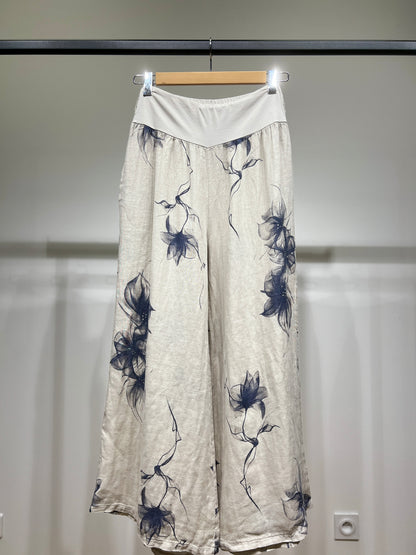 Pantalon Coupe Large Taille Élastique Motif Fleuri à Poches 100% Lin