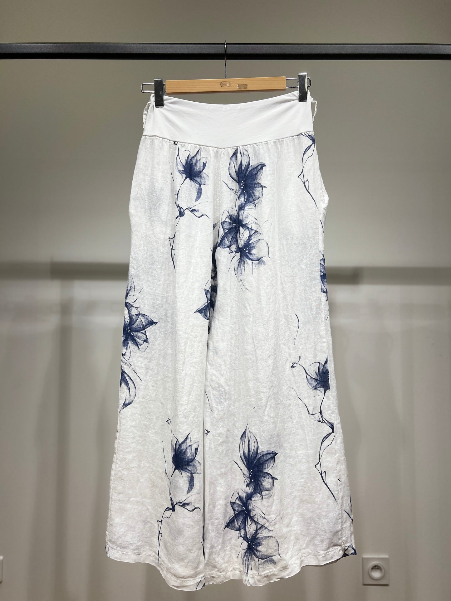 Pantalon Coupe Large Taille Élastique Motif Fleuri à Poches 100% Lin
