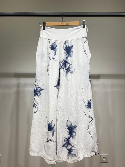 Pantalon Coupe Large Taille Élastique Motif Fleuri à Poches 100% Lin