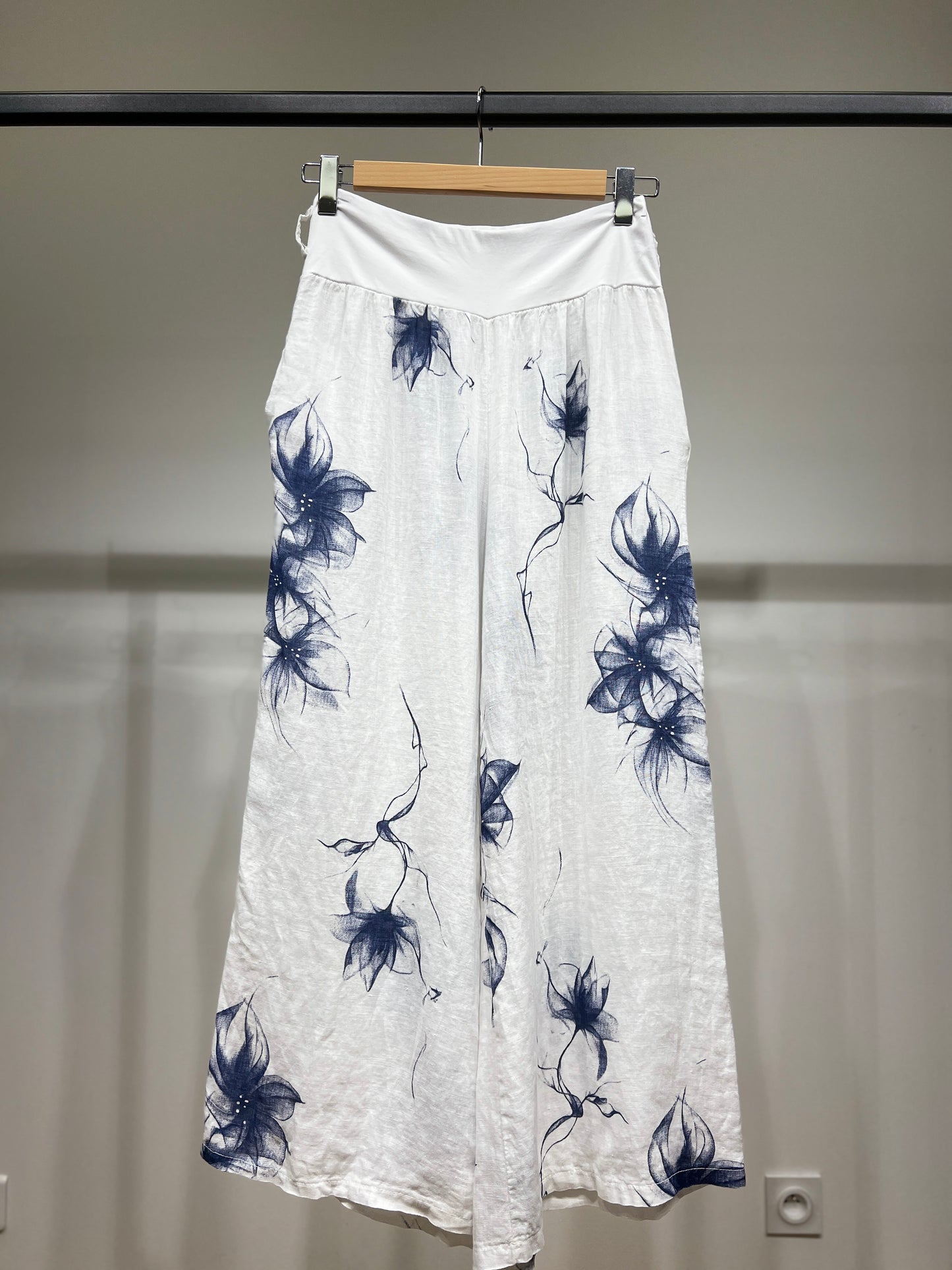 Pantalon Coupe Large Taille Élastique Motif Fleuri à Poches 100% Lin