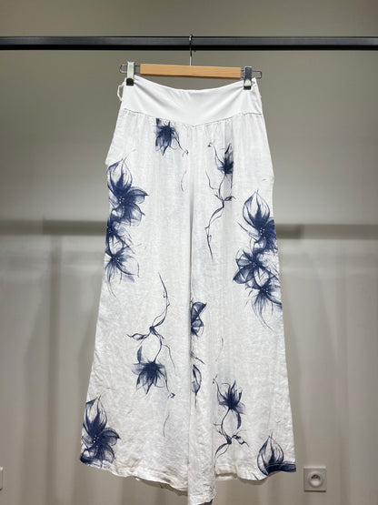 Pantalon Coupe Large Taille Élastique Motif Fleuri à Poches 100% Lin